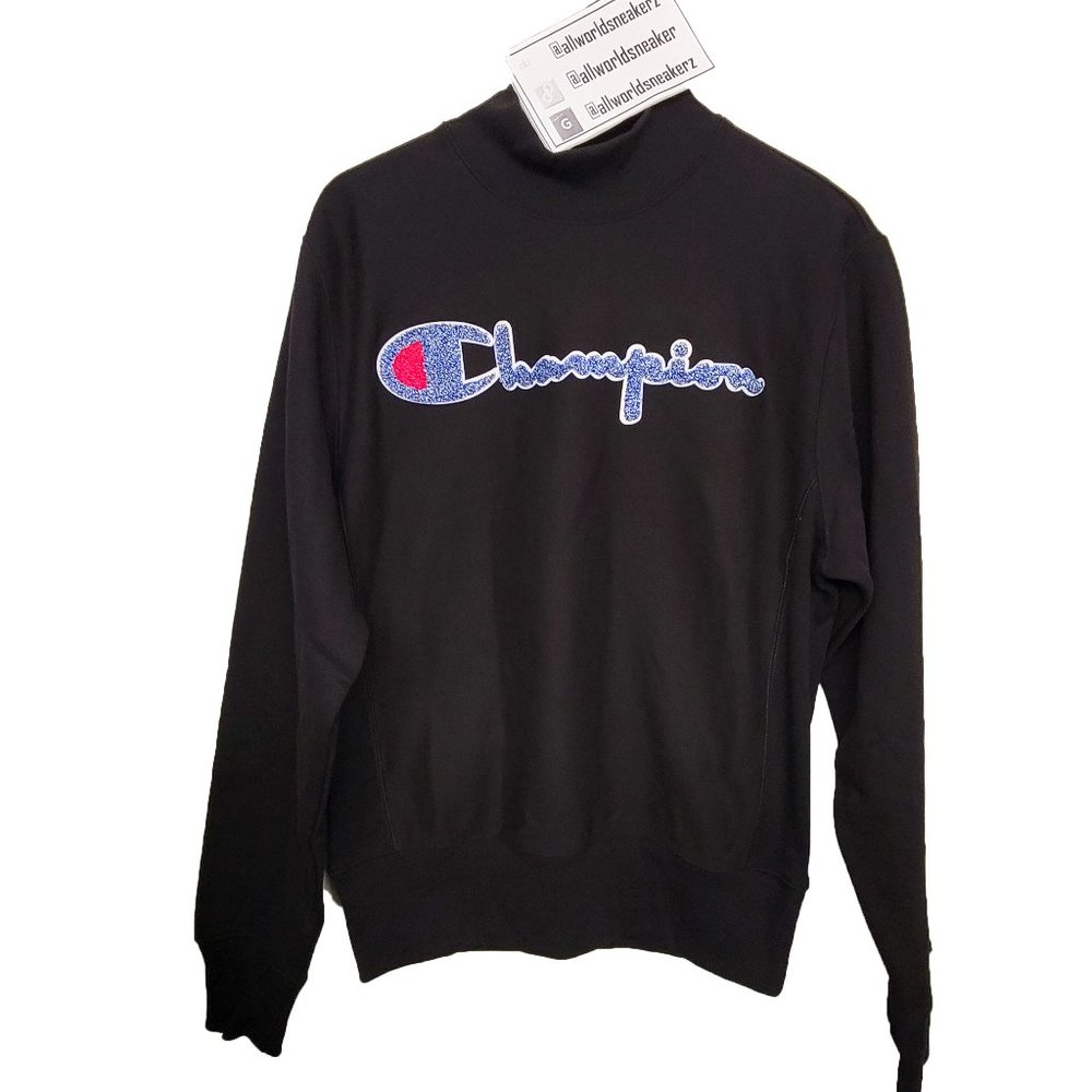 Champion Life Reverse Weave Mockneck Crew, Chenille Vintage Logo Black Applique - Picture 3 of 12